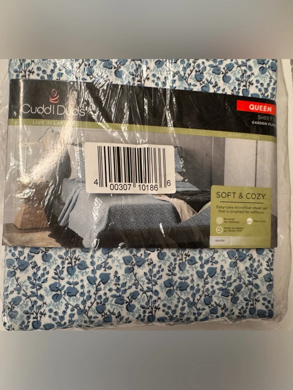 Cuddl Duds Blue Floral Cotton Queen 4pc Sheet Set